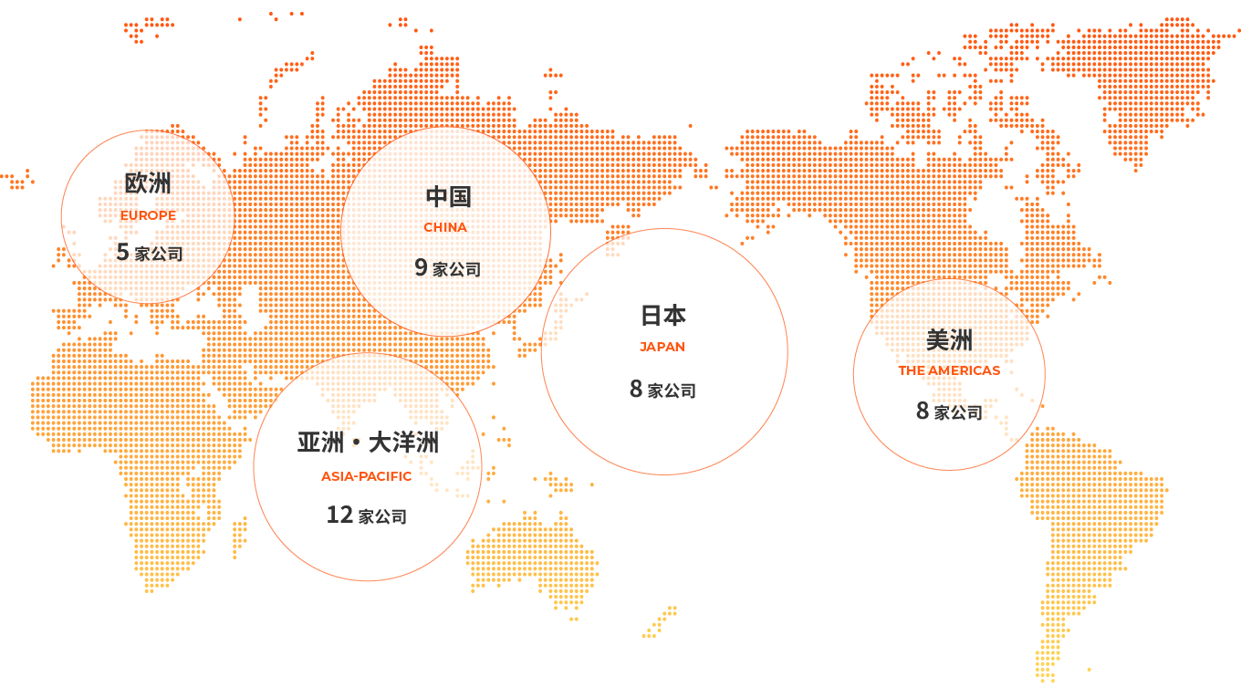 日本8家公司 美洲8家公司 欧洲5家公司 亚洲和大洋洲 12 家公司 中国9家公司